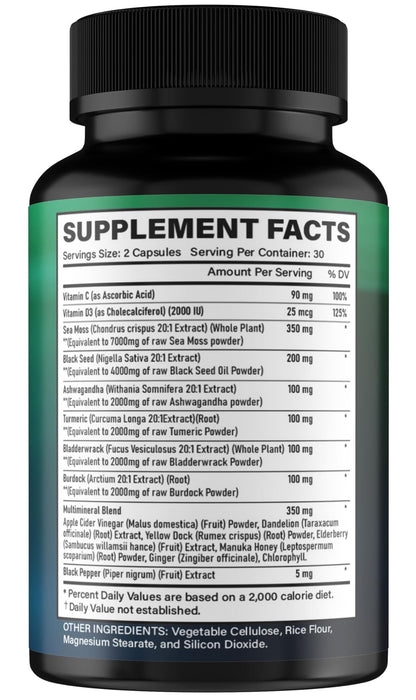 Sea Moss Capsules – Organic Irish Sea Moss with Black Seed Oil, Ashwagandha, Ginger, Turmeric & More (60 Veggie Capsules) for Men & Women