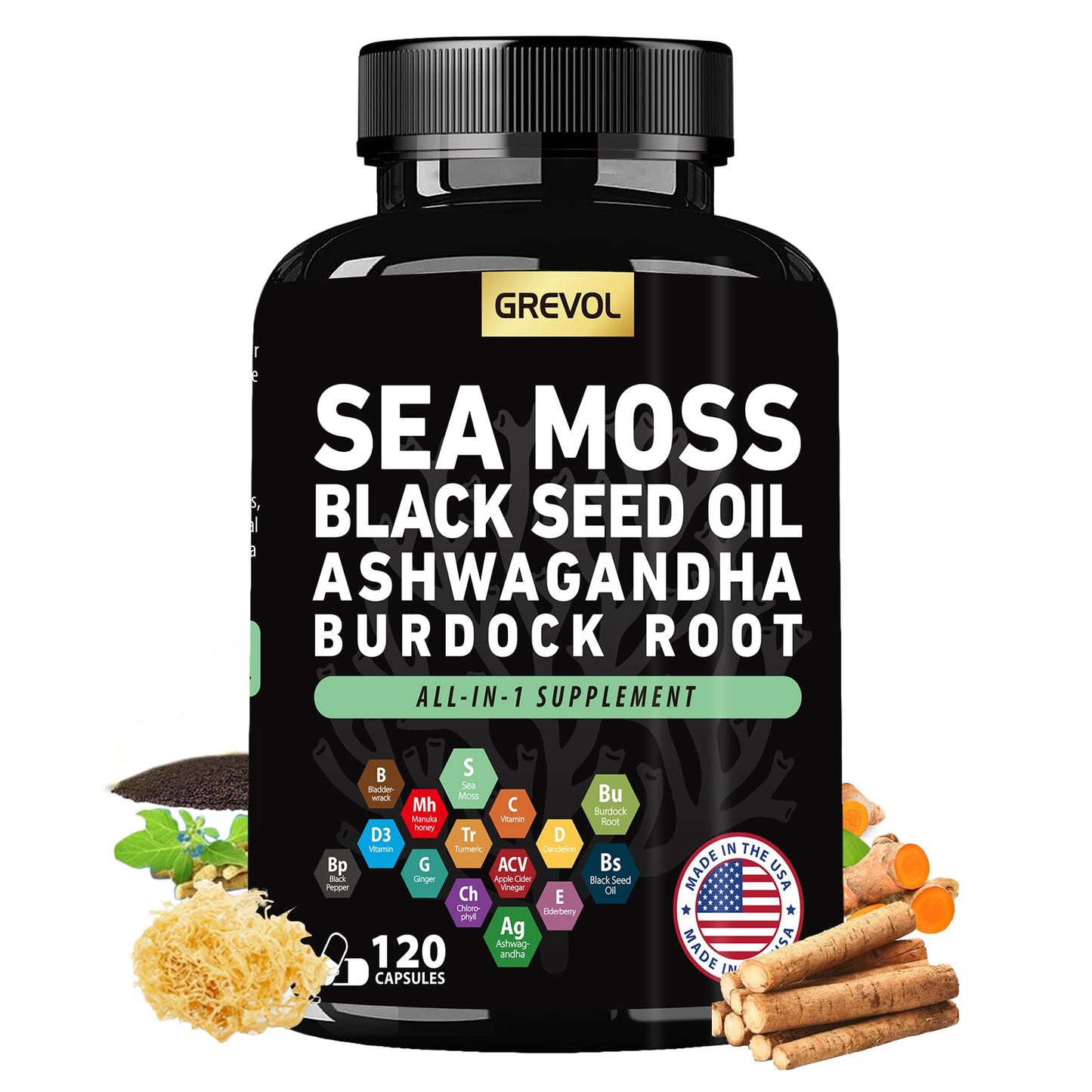 Sea Moss Capsules with Ashwagandha, Black Seed Oil & Turmeric - Multimineral Supplement 120 Count