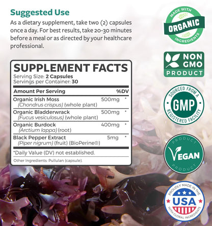 Organic Irish Sea Moss Capsules with Bladderwrack & Burdock - USA Made