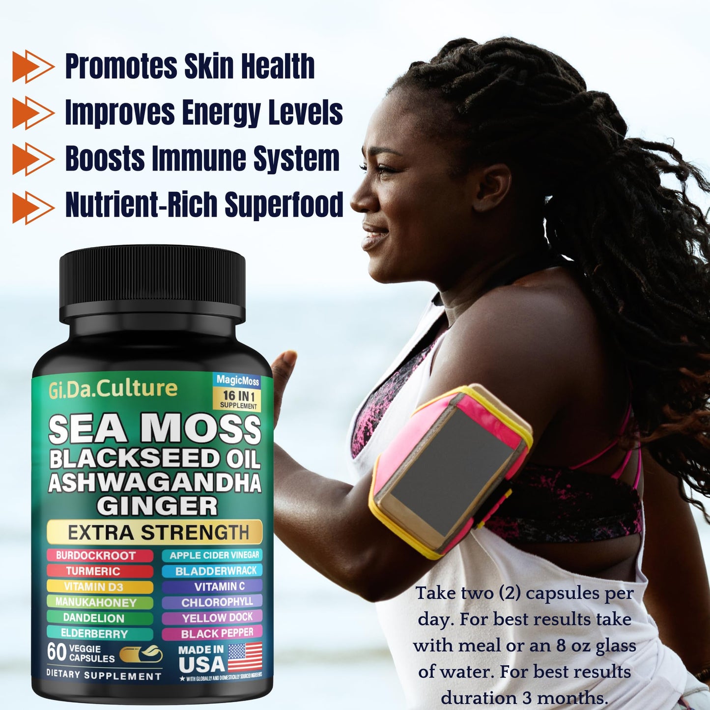 Sea Moss Capsules – Organic Irish Sea Moss with Black Seed Oil, Ashwagandha, Ginger, Turmeric & More (60 Veggie Capsules) for Men & Women