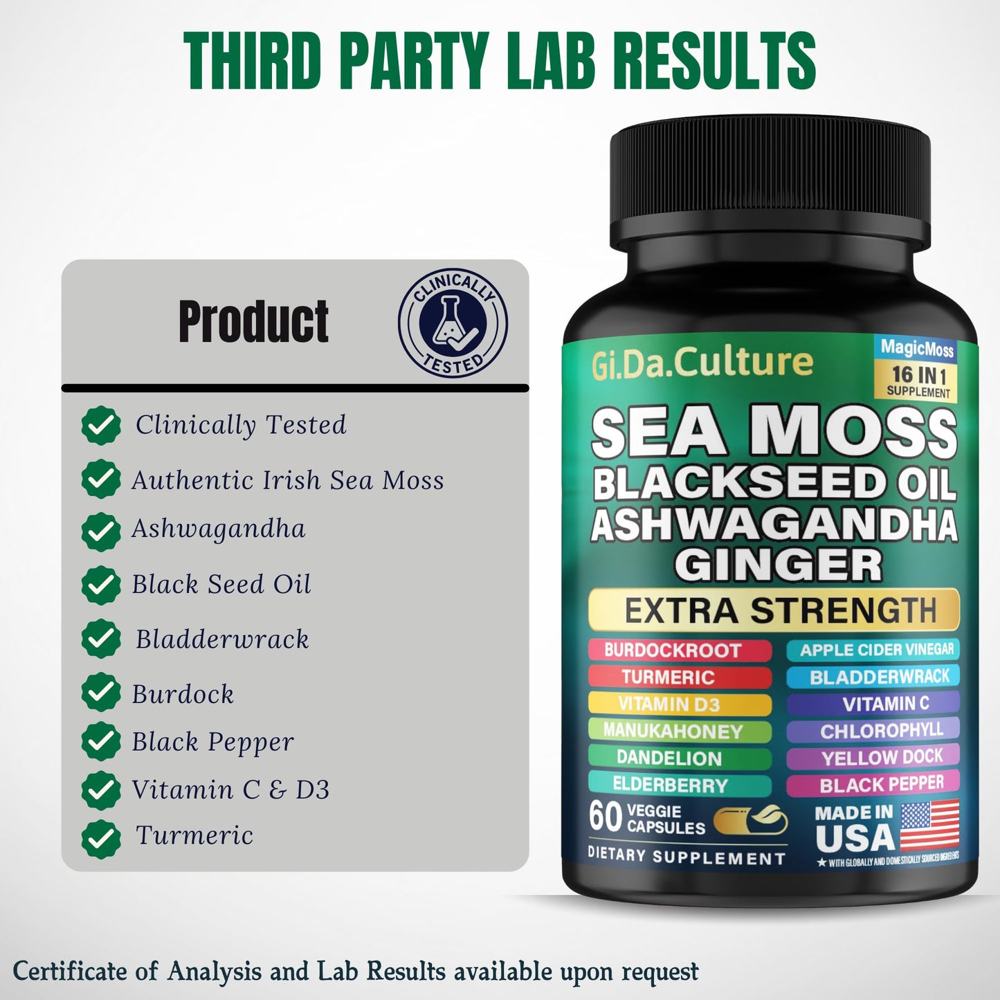 Sea Moss Capsules – Organic Irish Sea Moss with Black Seed Oil, Ashwagandha, Ginger, Turmeric & More (60 Veggie Capsules) for Men & Women