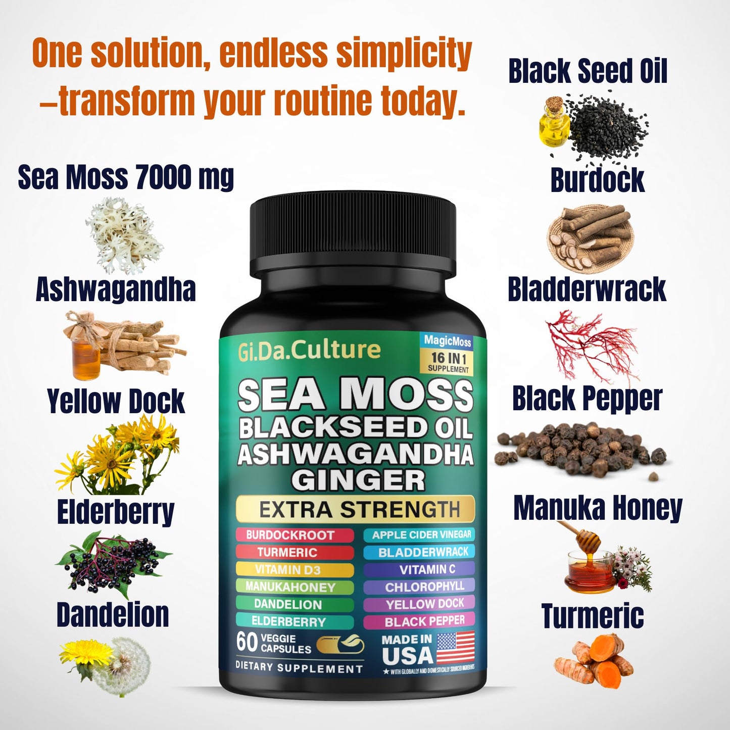 Sea Moss Capsules – Organic Irish Sea Moss with Black Seed Oil, Ashwagandha, Ginger, Turmeric & More (60 Veggie Capsules) for Men & Women