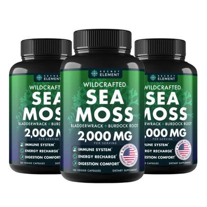 Secret Element Sea Moss Capsules – Irish Sea Moss Advanced with Burdock Root, Bladderwrack & Muira Puama – 120 Capsules (3 Pack) BritishVita | Premium UK Vitamins & Wellness Supplements