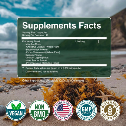 Secret Element Sea Moss Capsules – Irish Sea Moss Advanced with Burdock Root, Bladderwrack & Muira Puama – 120 Capsules (3 Pack) BritishVita | Premium UK Vitamins & Wellness Supplements
