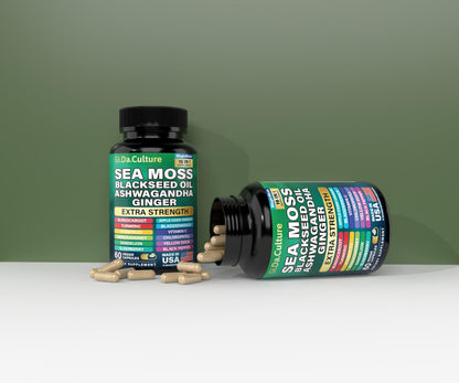 Sea Moss Capsules – Organic Irish Sea Moss with Black Seed Oil, Ashwagandha, Ginger, Turmeric & More (60 Veggie Capsules) for Men & Women
