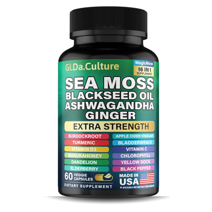Sea Moss Capsules – Organic Irish Sea Moss with Black Seed Oil, Ashwagandha, Ginger, Turmeric & More (60 Veggie Capsules) for Men & Women