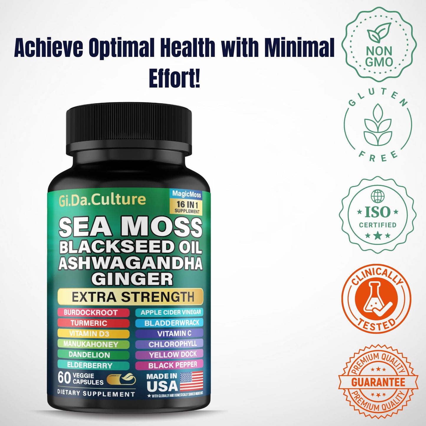 Sea Moss Capsules – Organic Irish Sea Moss with Black Seed Oil, Ashwagandha, Ginger, Turmeric & More (60 Veggie Capsules) for Men & Women