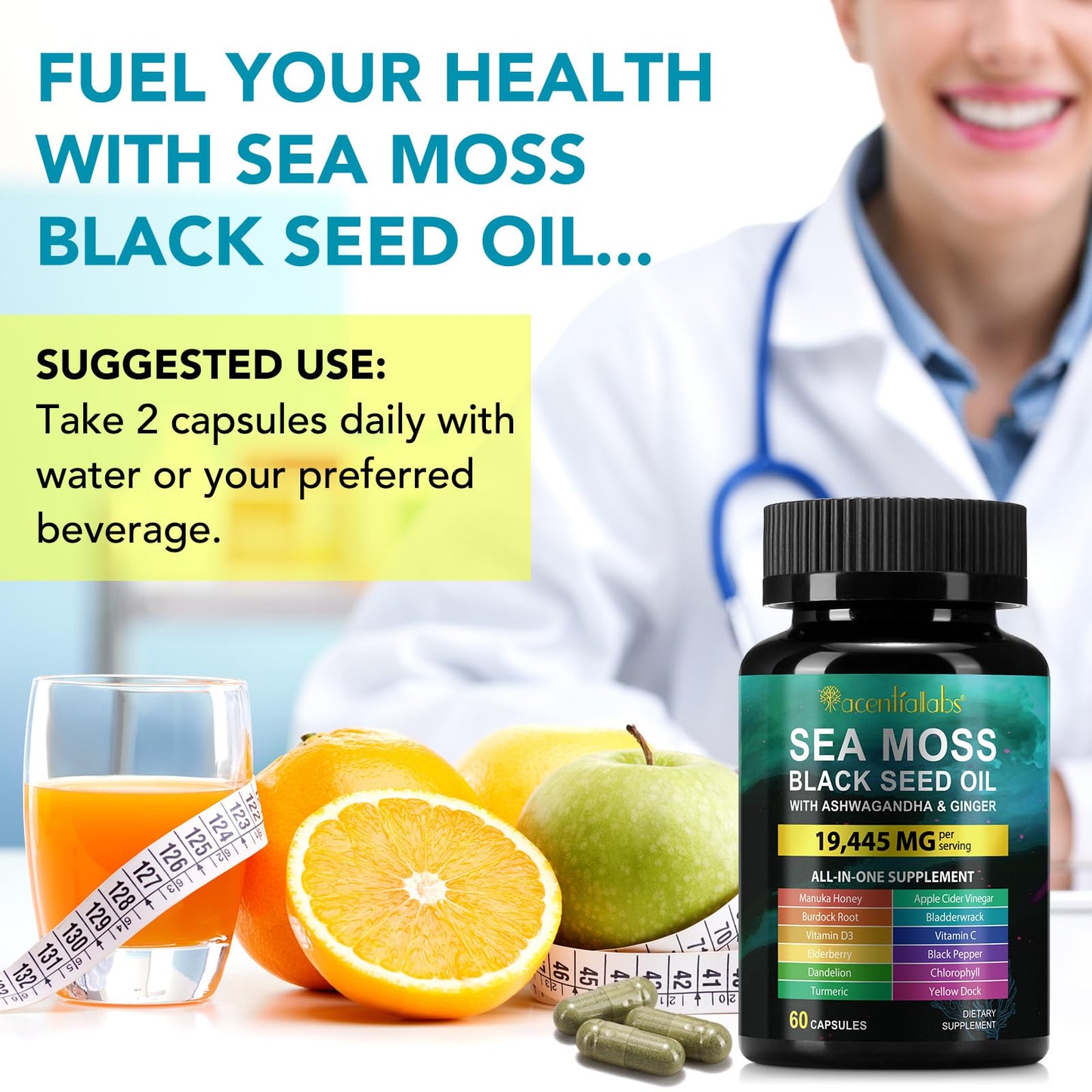 Sea Moss Black Seed Oil Ashwagandha Turmeric Capsules - Immunity & Energy Support, 60 Count