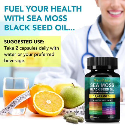 Sea Moss Black Seed Oil Ashwagandha Turmeric Capsules - Immunity & Energy Support, 60 Count