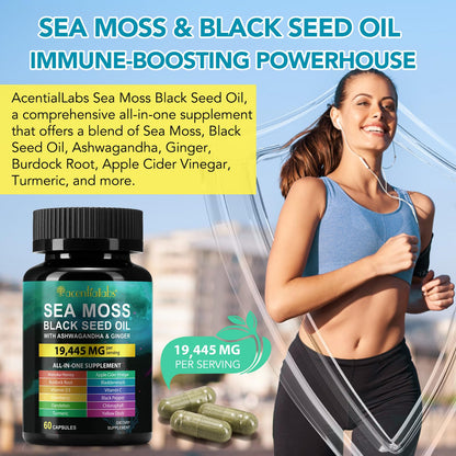 Sea Moss Black Seed Oil Ashwagandha Turmeric Capsules - Immunity & Energy Support, 60 Count