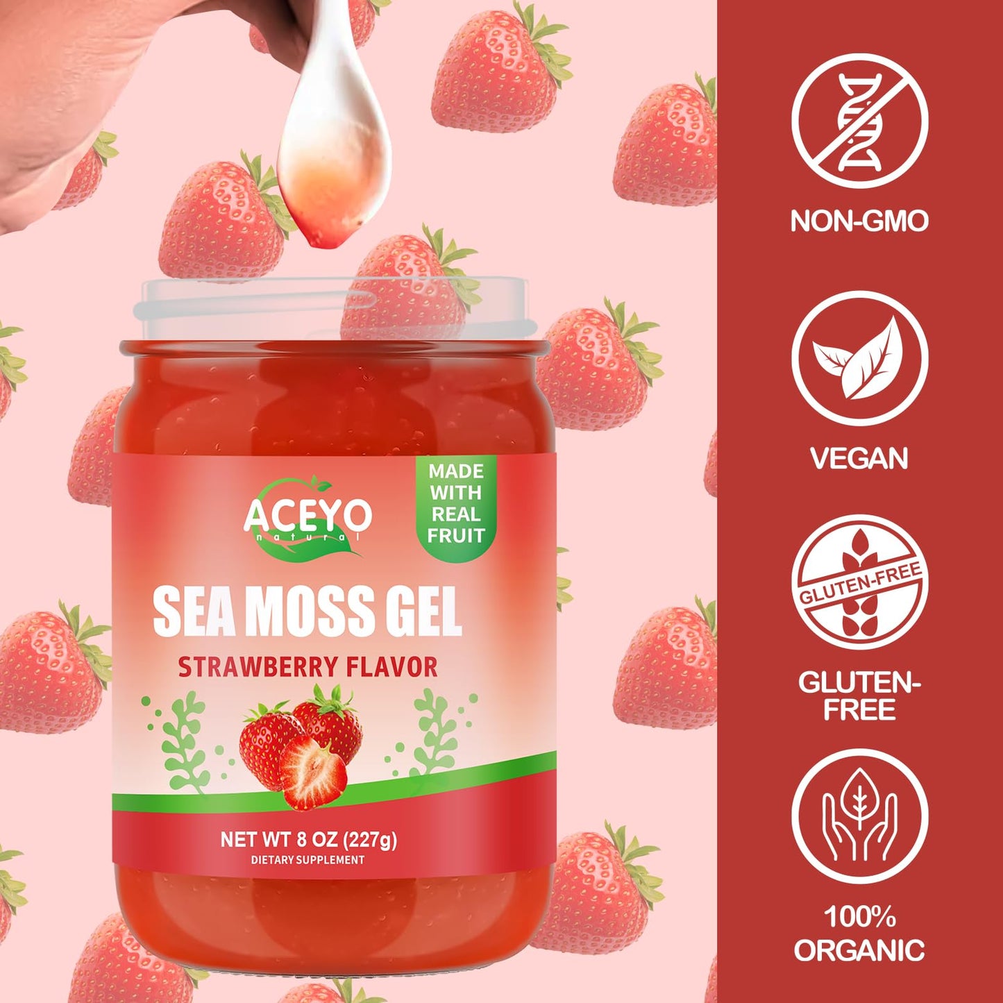 8 oz Natural Sea Moss Gel - Strawberry Flavor | Vegan, Non-GMO, 102 Vitamins