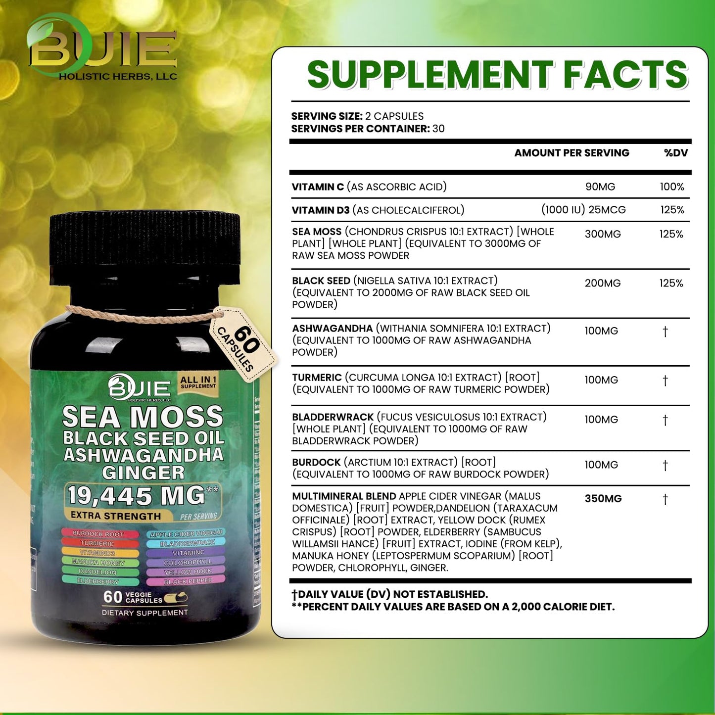 Sea Moss Capsules Ginger - 60 Caps | Energy, Immunity & Skin Health | Vegan & Non-GMO