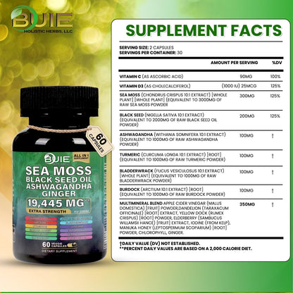 Sea Moss Capsules Ginger - 60 Caps | Energy, Immunity & Skin Health | Vegan & Non-GMO