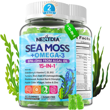 2 Pack Sea Moss Gummies + Algae Omega-3 – Sugar-Free, 15-in-1 Vegan Irish Sea Moss