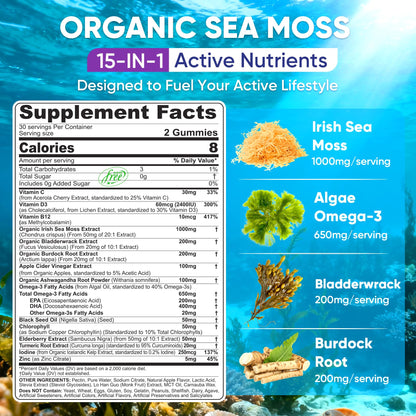 2 Pack Sea Moss Gummies + Algae Omega-3 – Sugar-Free, 15-in-1 Vegan Irish Sea Moss