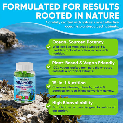 2 Pack Sea Moss Gummies + Algae Omega-3 – Sugar-Free, 15-in-1 Vegan Irish Sea Moss