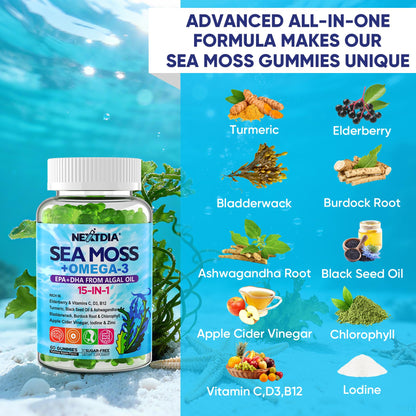2 Pack Sea Moss Gummies + Algae Omega-3 – Sugar-Free, 15-in-1 Vegan Irish Sea Moss