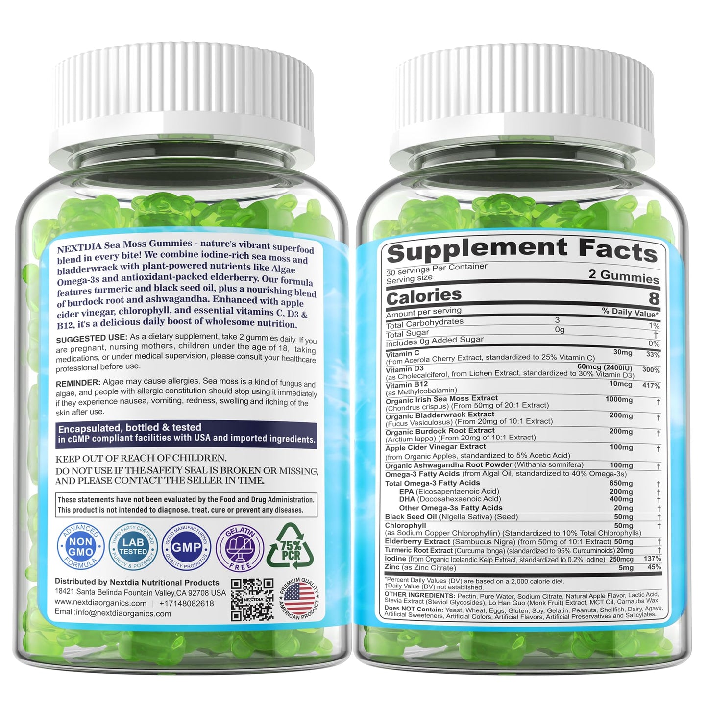2 Pack Sea Moss Gummies + Algae Omega-3 – Sugar-Free, 15-in-1 Vegan Irish Sea Moss
