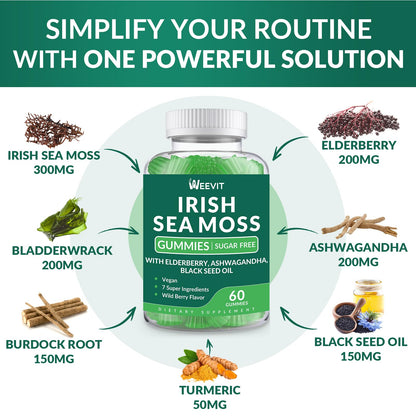 Sea Moss Gummies - Irish Sea Moss, Black Seed Oil, Ashwagandha & Elderberry for Immune, Skin & Energy