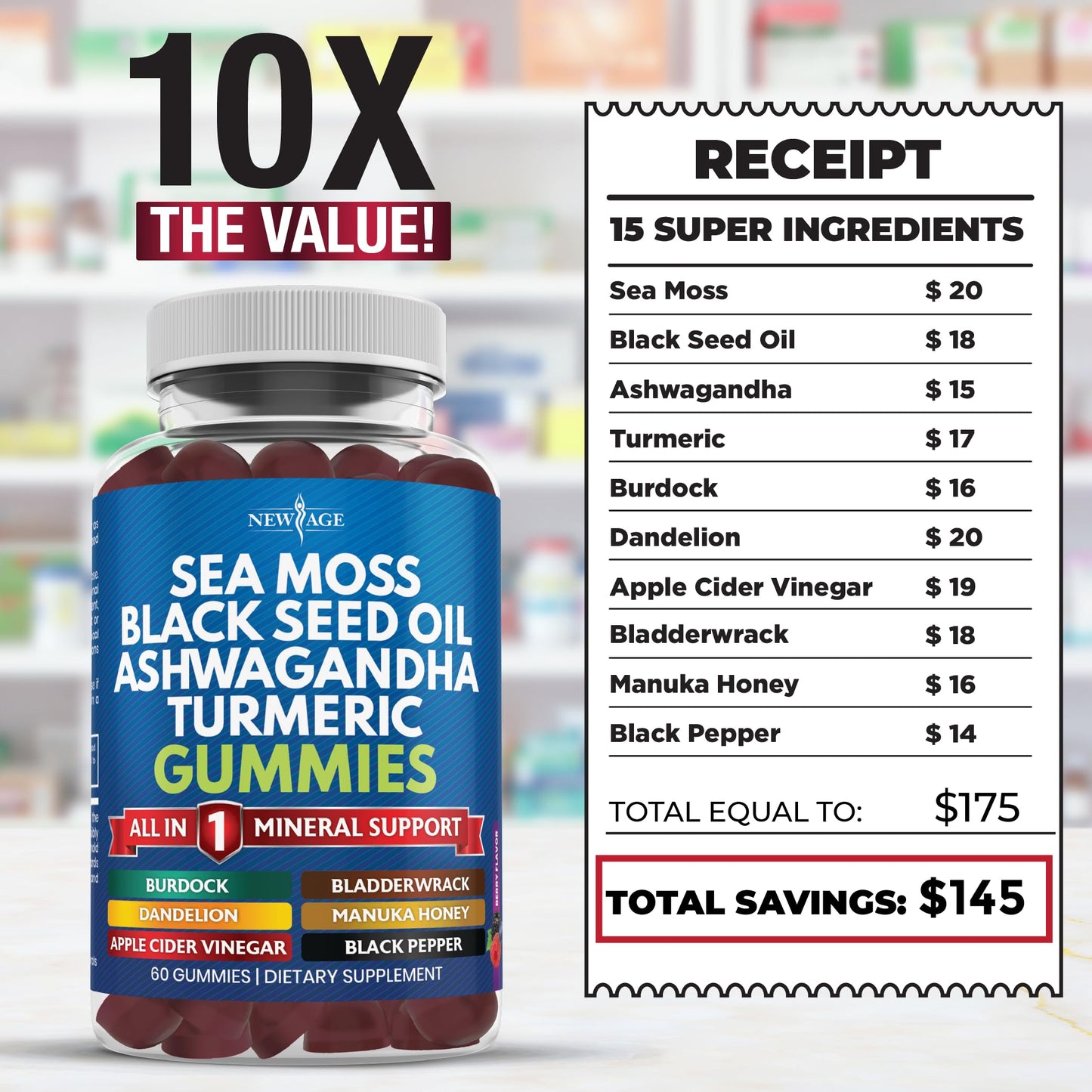 Sea Moss Gummies 10-in-1 - Black Seed, Ashwagandha, Turmeric, ACV & Manuka Honey – Vegan 120 Count