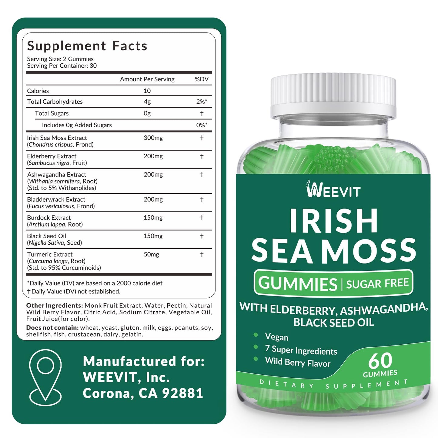Sea Moss Gummies - Irish Sea Moss, Black Seed Oil, Ashwagandha & Elderberry for Immune, Skin & Energy