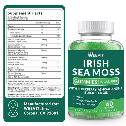 Sea Moss Gummies - Irish Sea Moss, Black Seed Oil, Ashwagandha & Elderberry for Immune, Skin & Energy