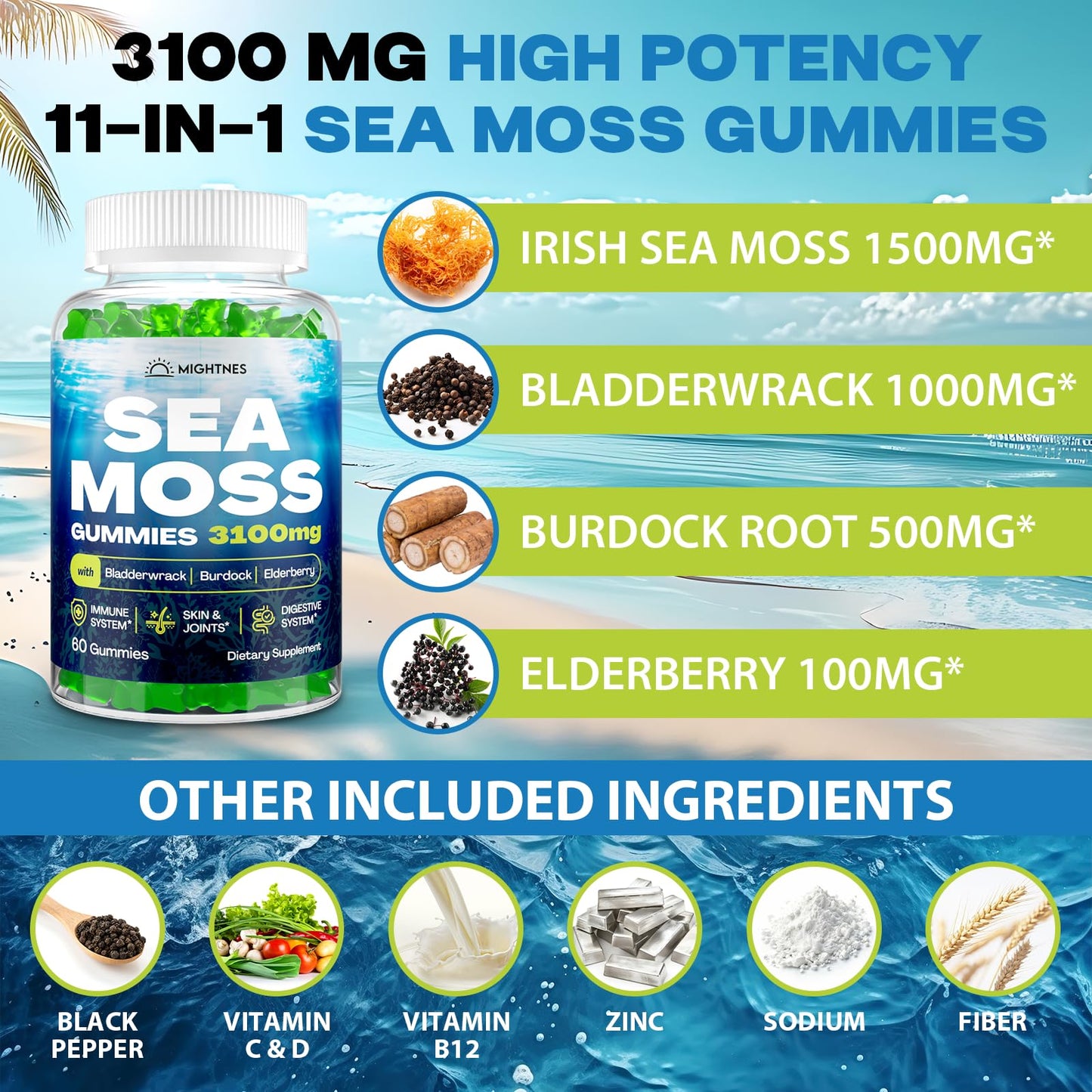 Sea Moss Gummies 3100mg Irish Seamoss – Detox, Immune, Skin – 120ct