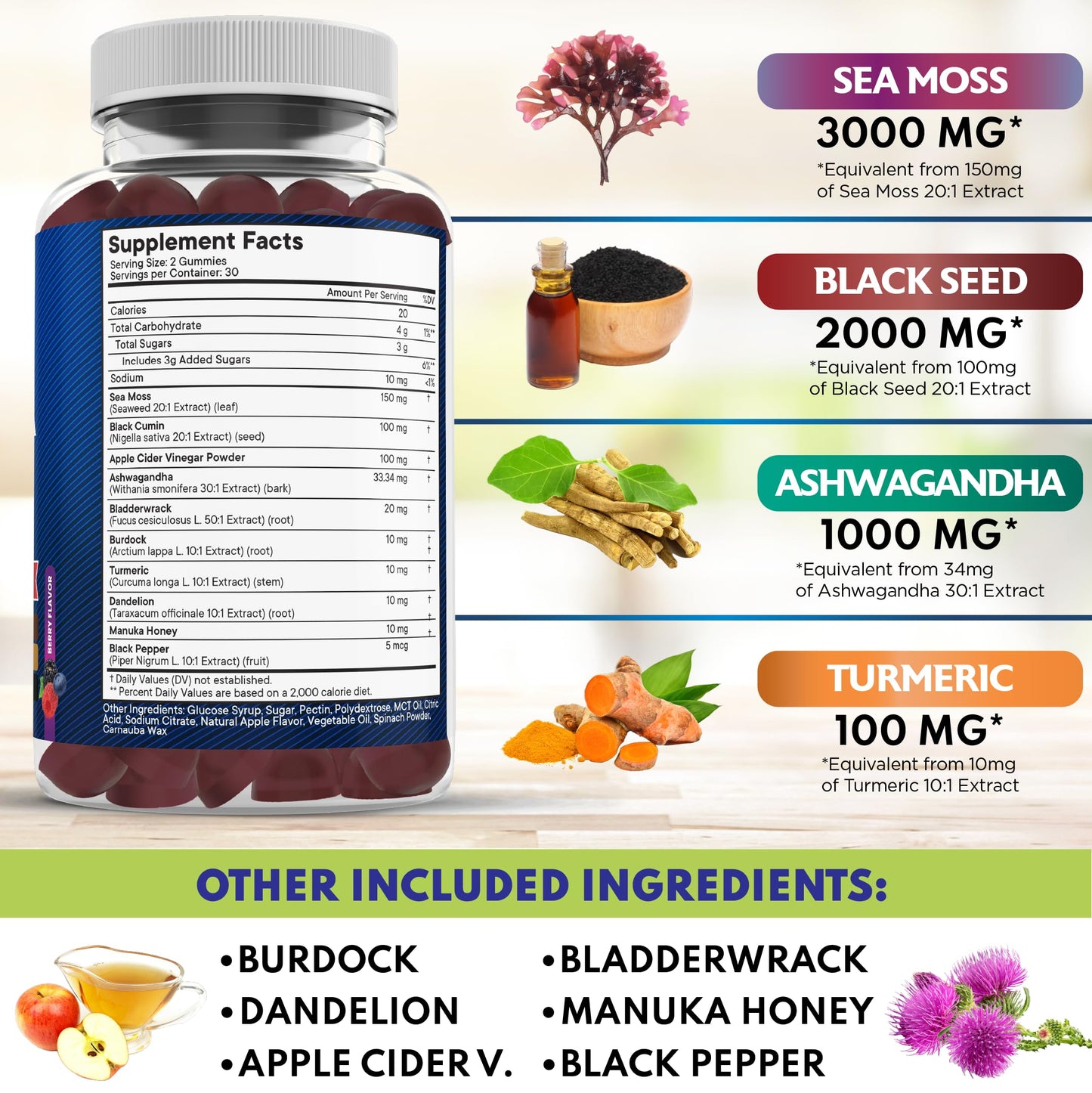 Sea Moss Gummies 10-in-1 - Black Seed, Ashwagandha, Turmeric, ACV & Manuka Honey – Vegan 120 Count
