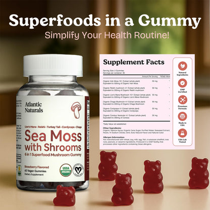 Sea Moss Gummies with Lions Mane Mushroom – 60 Count | 6-in-1 Sea Moss & Mushroom Complex