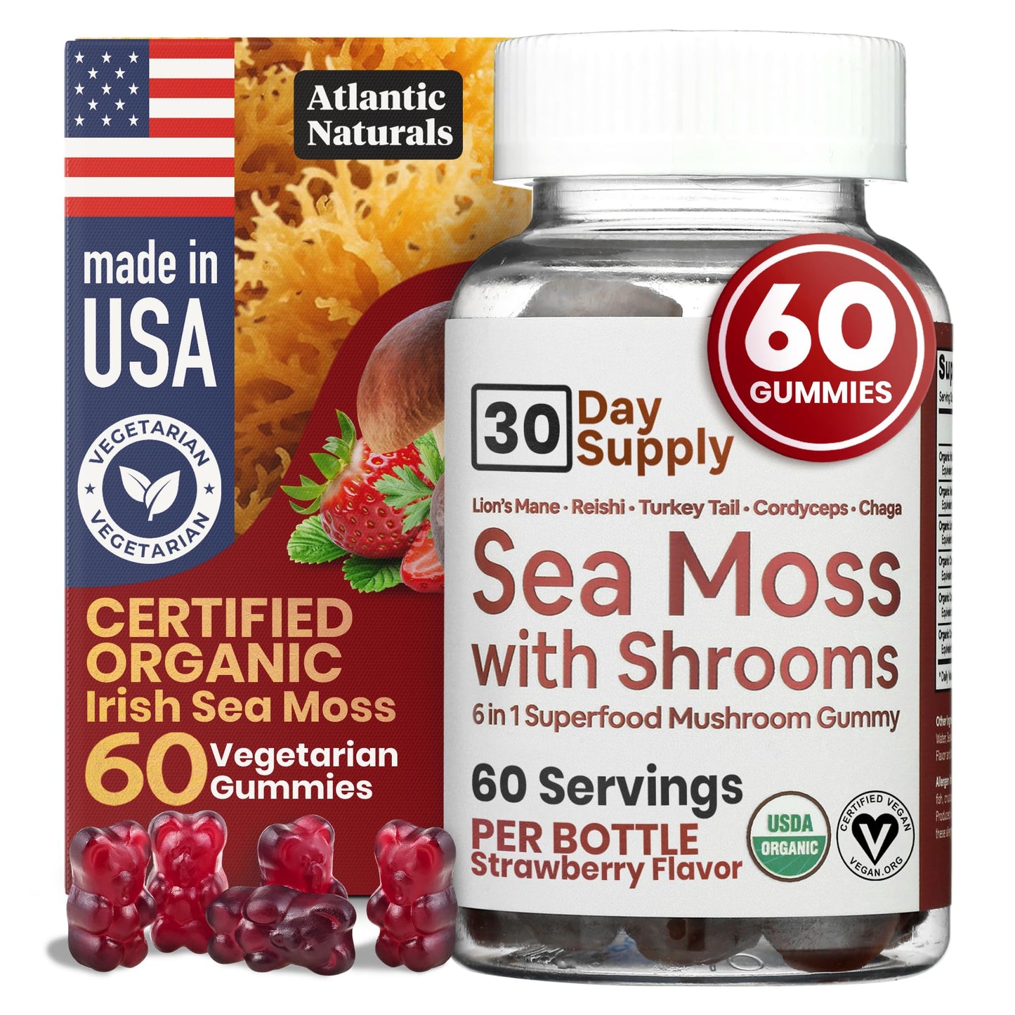Sea Moss Gummies with Lions Mane Mushroom – 60 Count | 6-in-1 Sea Moss & Mushroom Complex