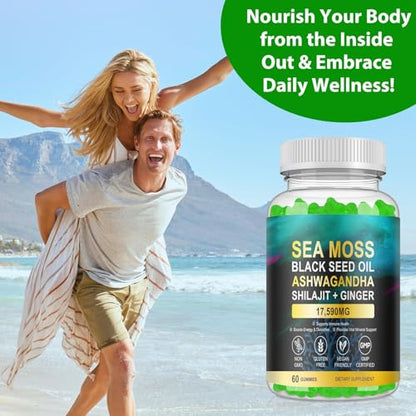 Vceeoy Sea Moss Gummies with Black Seed Oil, Ashwagandha & Ginger - 60 Gummies