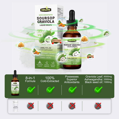 8 in 1 Graviola Soursop Liquid – Immune & Liver Support, Antioxidant, 1 Fl Oz