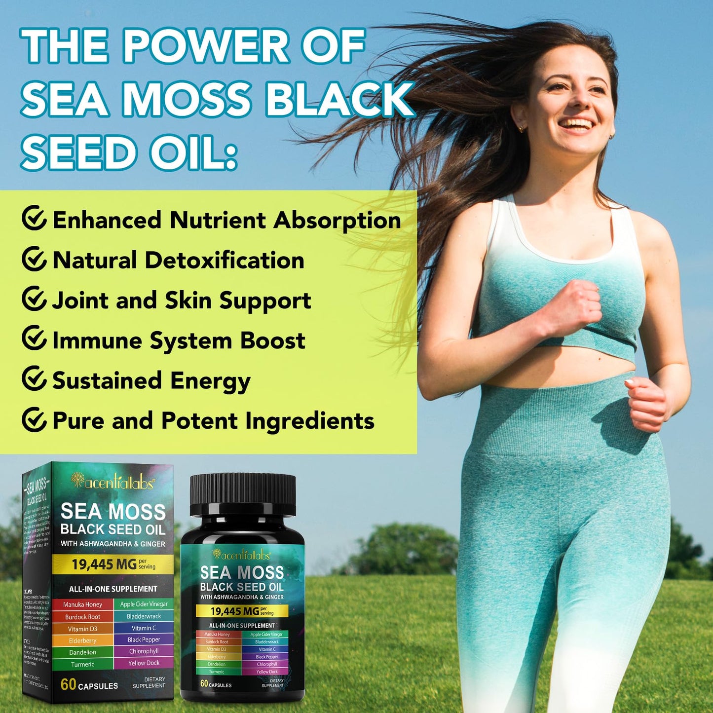 Sea Moss Black Seed Oil Ashwagandha Turmeric Capsules - Immunity & Energy Support, 60 Count