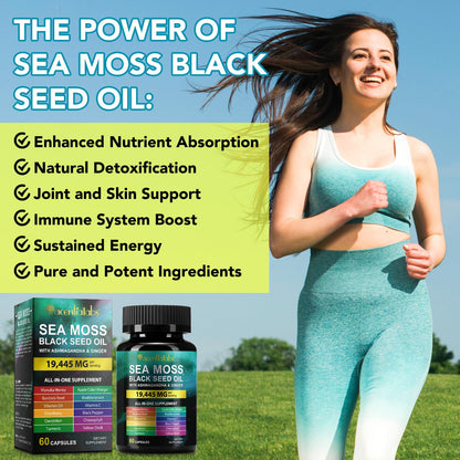 Sea Moss Black Seed Oil Ashwagandha Turmeric Capsules - Immunity & Energy Support, 60 Count