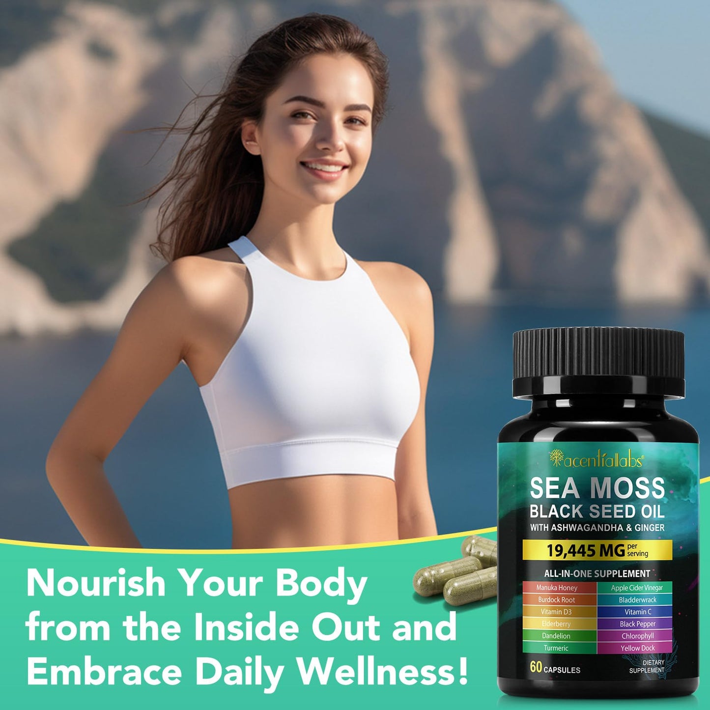 Sea Moss Black Seed Oil Ashwagandha Turmeric Capsules - Immunity & Energy Support, 60 Count
