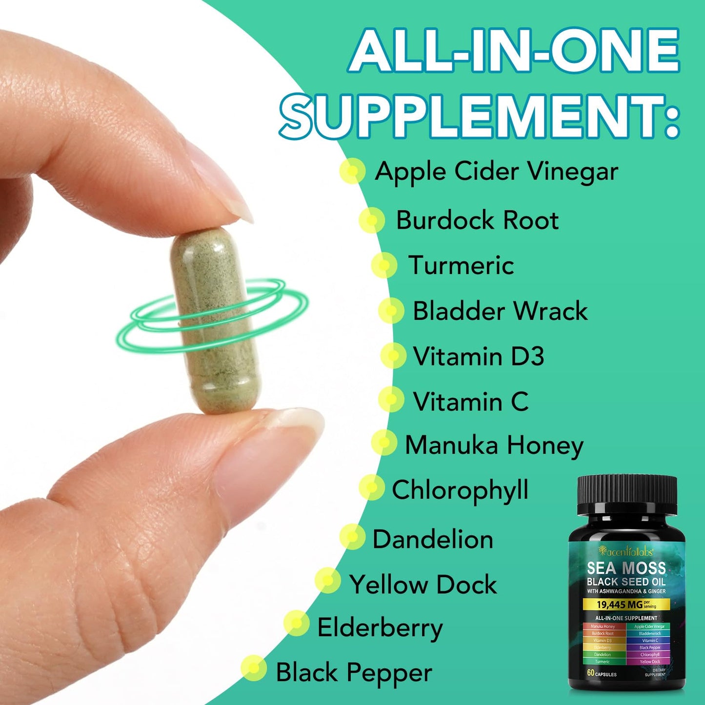 Sea Moss Black Seed Oil Ashwagandha Turmeric Capsules - Immunity & Energy Support, 60 Count
