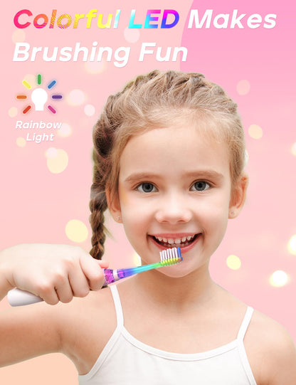 SEAGO Kids Electric Toothbrush - 2-Min Timer, 8 Replacement Heads, Pink, 4-12 yrs