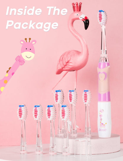 SEAGO Kids Electric Toothbrush - 2-Min Timer, 8 Replacement Heads, Pink, 4-12 yrs