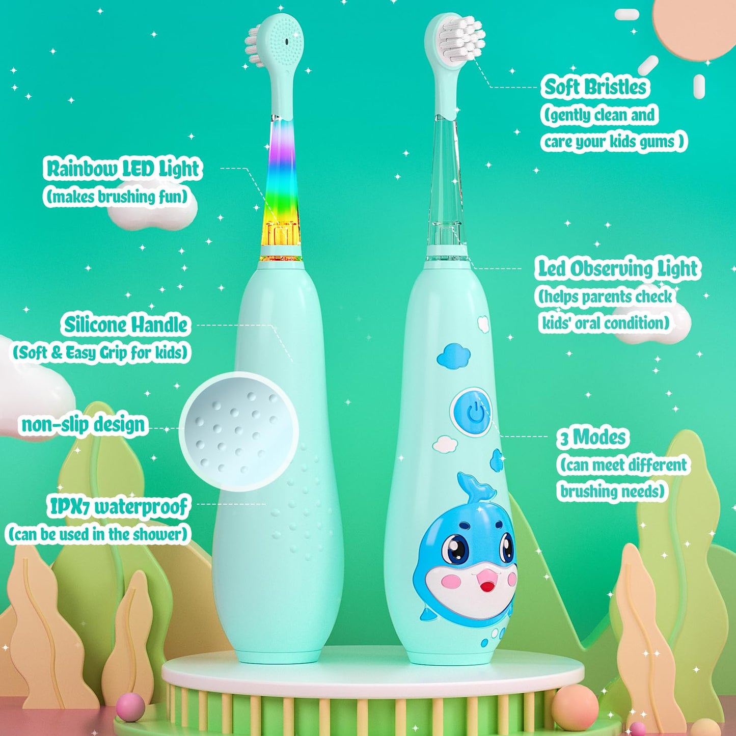 SEAGO Kids Electric Toothbrushes – Rechargeable Toddler Toothbrush (2-6), Magnetic Charging, LED Light, 8 Heads, Blue