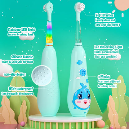 SEAGO Kids Electric Toothbrushes – Rechargeable Toddler Toothbrush (2-6), Magnetic Charging, LED Light, 8 Heads, Blue