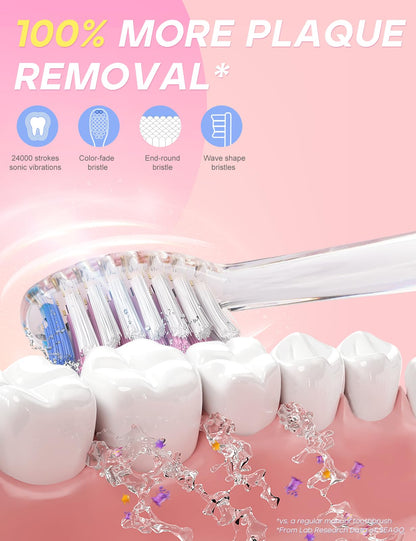 SEAGO Kids Electric Toothbrush - 2-Min Timer, 8 Replacement Heads, Pink, 4-12 yrs
