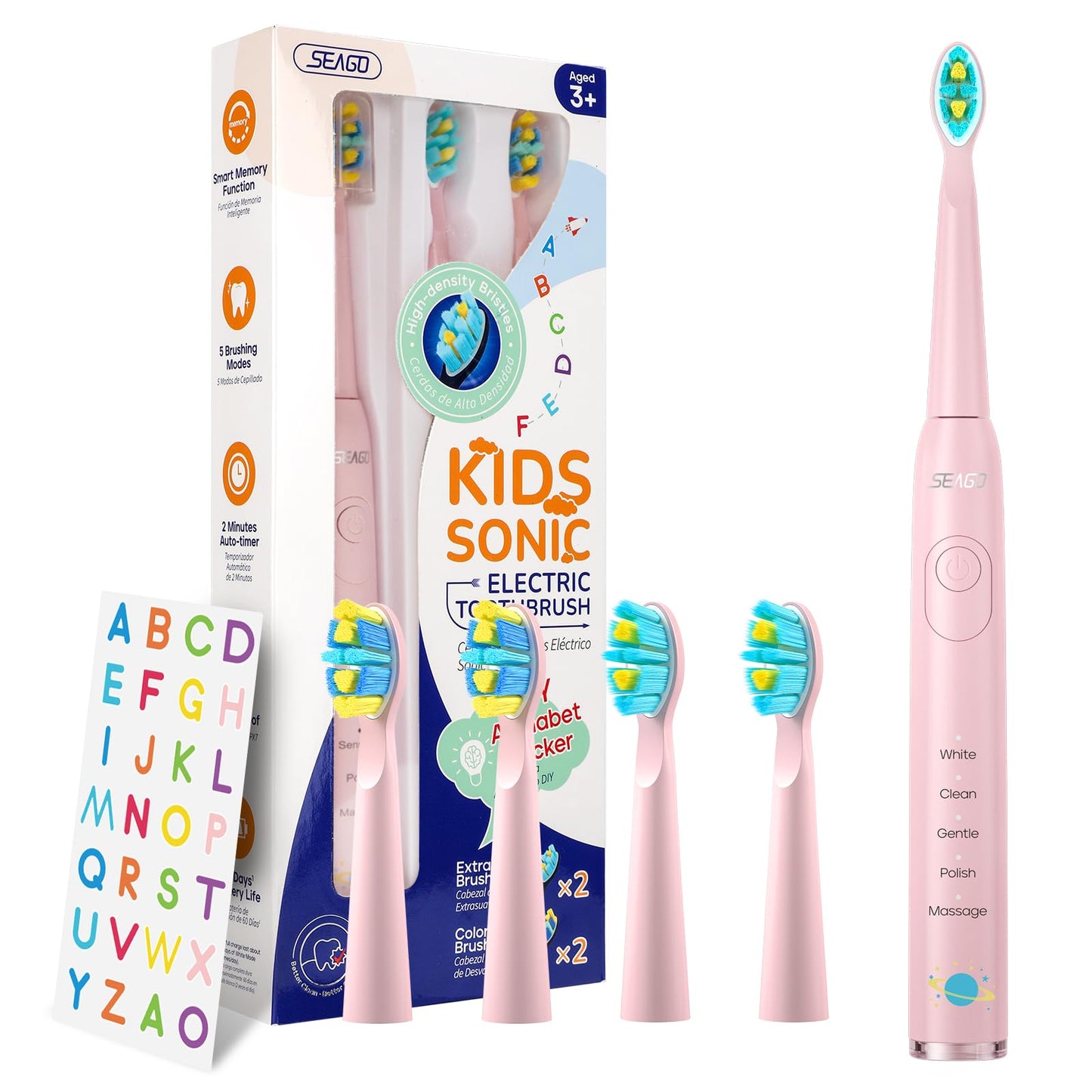 SEAGO Kids Electric Toothbrush - 5 Modes, DIY Stickers, 4 Heads (Ages 3-12) Pink