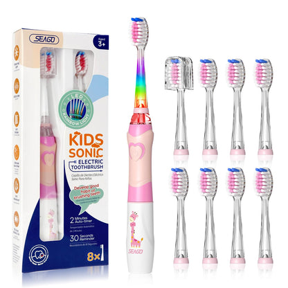 SEAGO Kids Electric Toothbrush - 2-Min Timer, 8 Replacement Heads, Pink, 4-12 yrs
