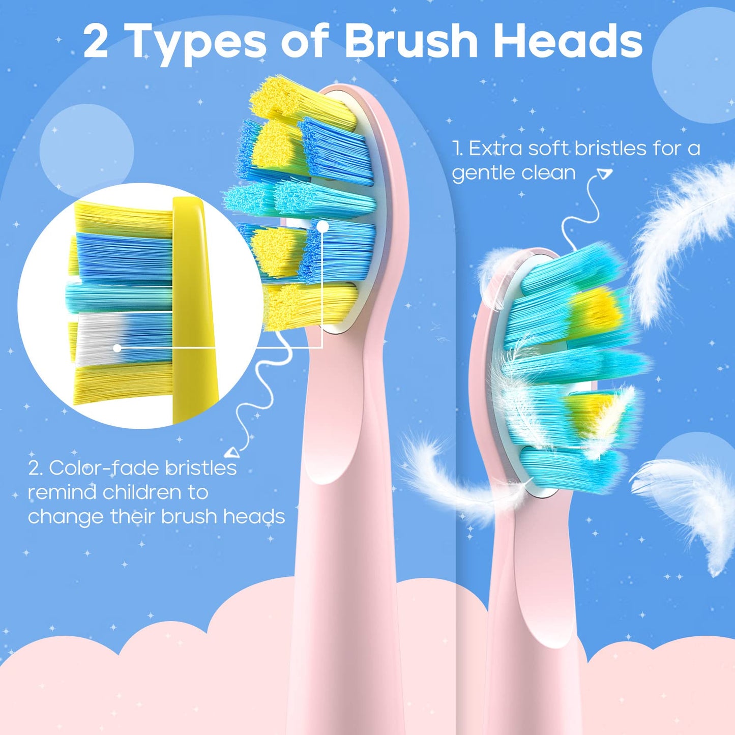 SEAGO Kids Electric Toothbrush - 5 Modes, DIY Stickers, 4 Heads (Ages 3-12) Pink