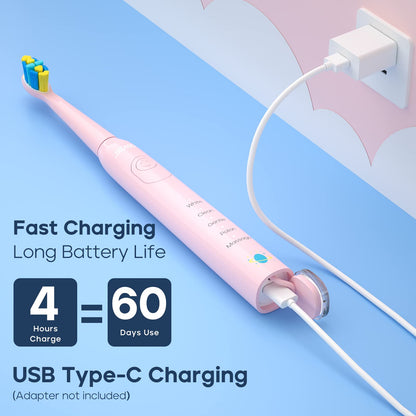 SEAGO Kids Electric Toothbrush - 5 Modes, DIY Stickers, 4 Heads (Ages 3-12) Pink