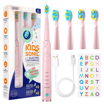 SEAGO Kids Electric Toothbrush - 5 Modes, DIY Stickers, 4 Heads (Ages 3-12) Pink