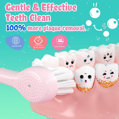 SEAGO Kids Electric Toothbrush Pink – Rechargeable Toddler Toothbrush with Magnetic Charging, LED Light, 8 Heads (Ages 2-6)