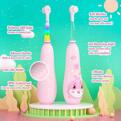 SEAGO Kids Electric Toothbrush Pink – Rechargeable Toddler Toothbrush with Magnetic Charging, LED Light, 8 Heads (Ages 2-6)