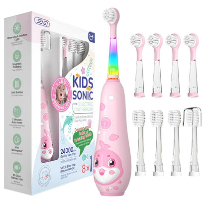 SEAGO Kids Electric Toothbrush Pink – Rechargeable Toddler Toothbrush with Magnetic Charging, LED Light, 8 Heads (Ages 2-6)