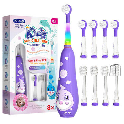 SEAGO Kids Electric Toothbrushes – Rechargeable Toddler Brush with Magnetic Charging & LED Light (Ages 2-6) Purple